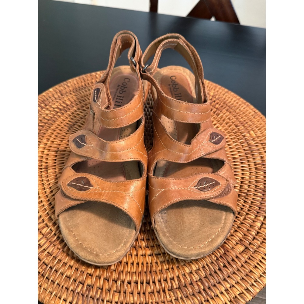 Cobb Hill New Balance yTan Leather Leaf Wedge Sandals Womens 10M CBL04TN Brown
